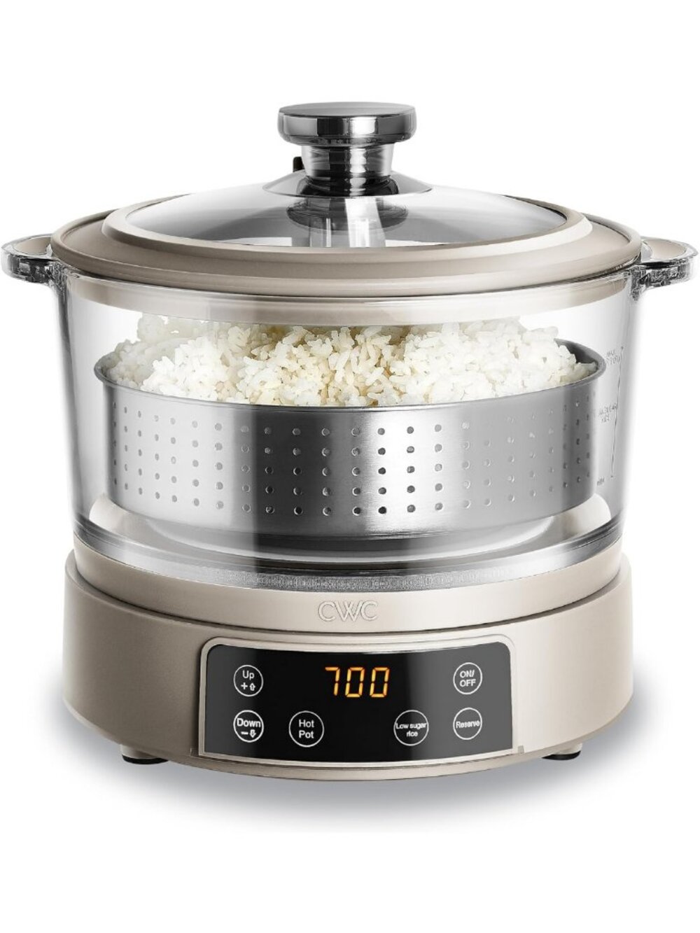 Mini Low Carb Rice Cooker with Auto Lift Basket & Steamer - 2 Cups Raw, 6 Cups